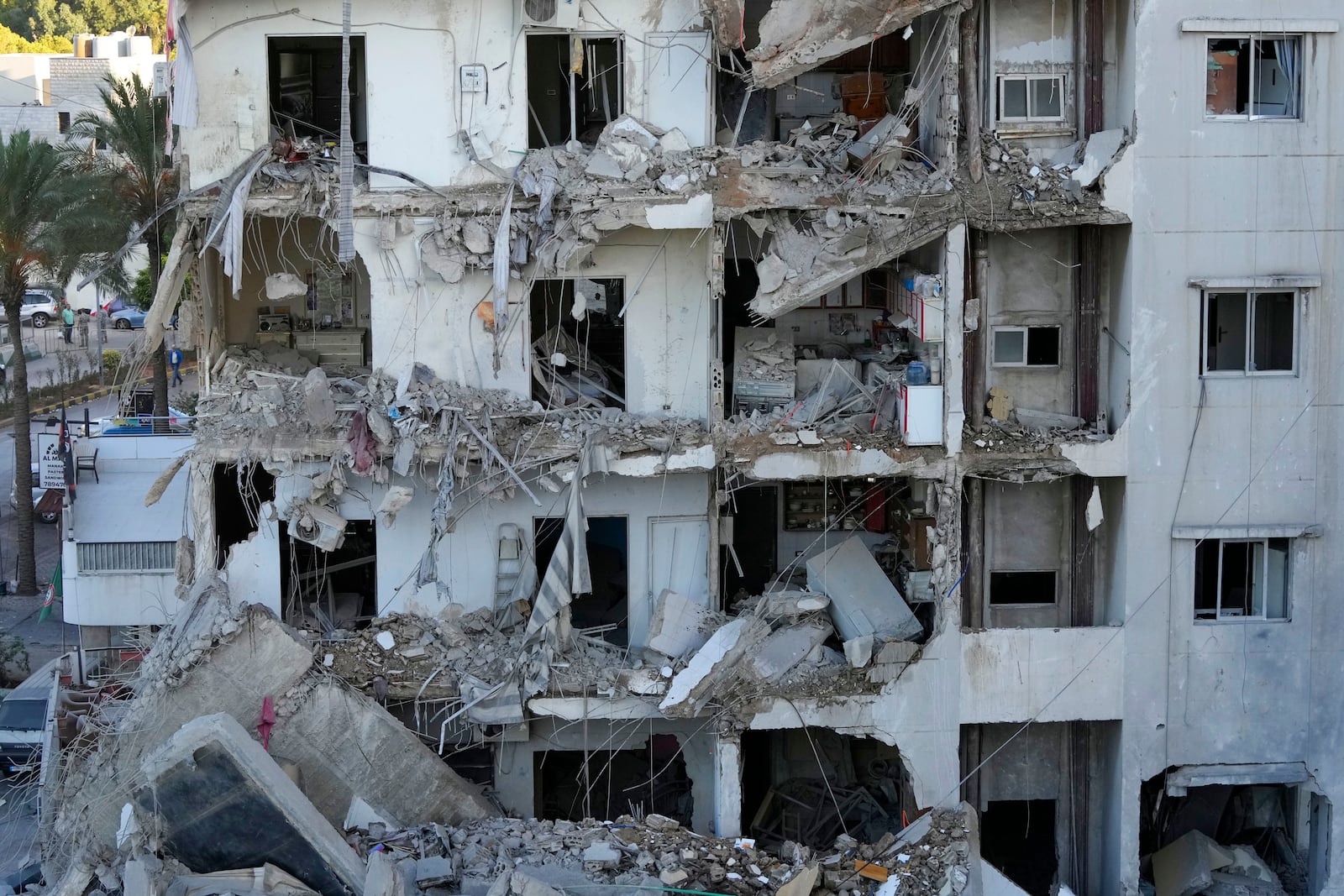 A destroyed apartment at the site of an Israeli airstrike in Dahiyeh, Beirut, Lebanon, Monday, Oct. 21, 2024. (AP Photo/Hassan Ammar)