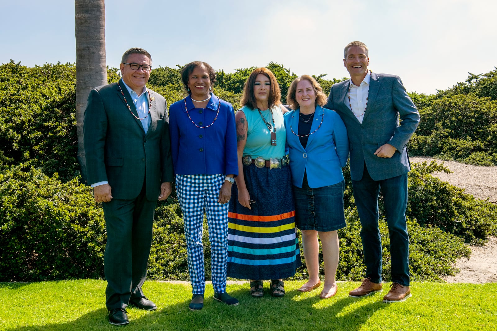 From eft to right, Congressman Salud Carbajal D-CA‐24th District, White House Council on Environmental Quality Chair Brenda Mallory, Northern Chumash Tribal Council Chairwoman Violet Sage Walker, Natonal Oceanic and Atmospheric Administration (NOAA) Assistant Administrator Nicole LeBoeuf, and California Natural Resources Secretary Wade Crowfoot pose for a photo at Pismo Beach, California. on Monday October. 14, 2024. (Robert Schwemmer via AP)