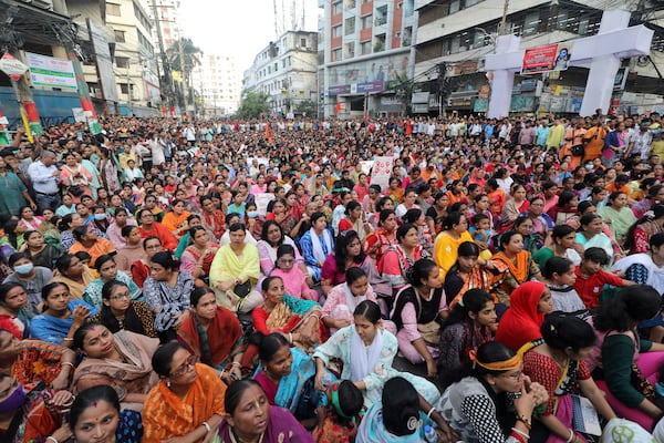 Bangladesh Hindus participate in a rally demanding that an interim government withdraw all cases against their leaders and protect them from attacks and harassment, in Chattogram, Bangladesh, Friday, Nov. 1, 2024. (AP Photo)