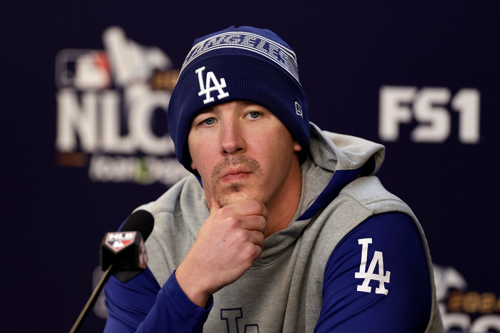 Los Angeles Dodgers pitcher Walker Buehler talks to the media Tuesday, Oct. 15, 2024, in New York ahead of Game 3 of the baseball NL Championship Series against the New York Mets. (AP Photo/Adam Hunger)