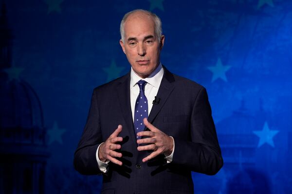 FILE - Pennsylvania Senate candidate Sen. Bob Casey, D-Pa., takes part in a debate at the WPVI-TV studio, Oct. 15, 2024, in Philadelphia. (AP Photo/Matt Rourke, File)