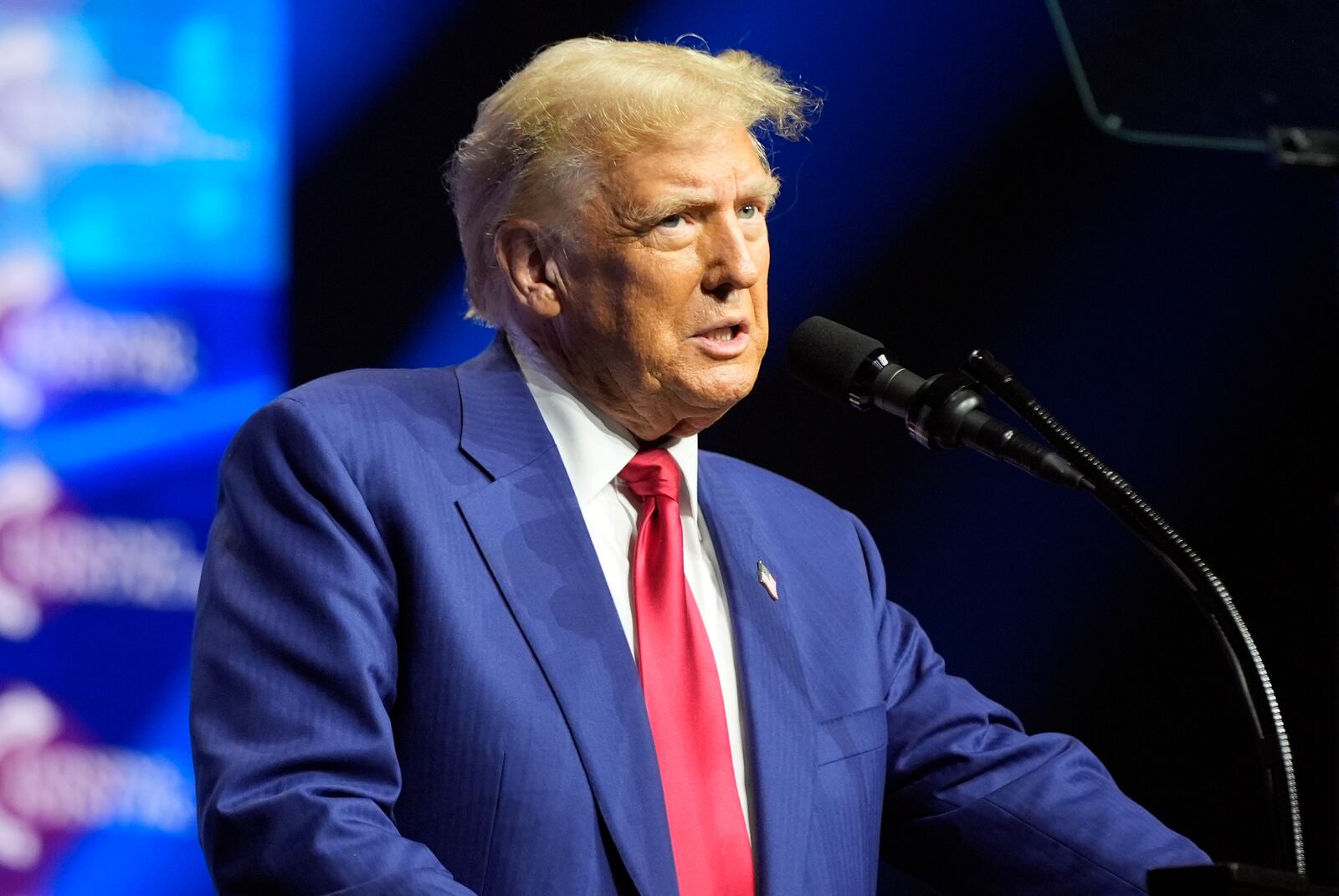 Republican presidential nominee former President Donald Trump speaks at a Turning Point Action campaign rally, Wednesday, Oct. 23, 2024, in Duluth, Ga. (AP Photo/Alex Brandon)