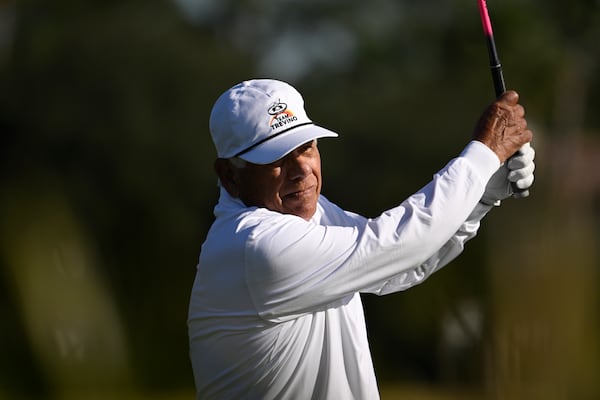 Lee Trevino tees off on the fifth hole during the first round of the PNC Championship golf tournament, Saturday, Dec. 21, 2024, in Orlando, Fla. (AP Photo/Phelan M. Ebenhack)