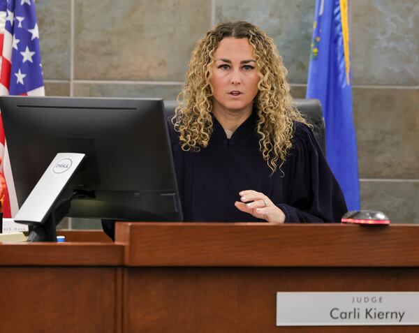 District Judge Carli Kierny listens to arguments in Clark County District Court during an appearance by Duane “Keffe D” Davis for a hearing on a motion to dismiss charges for his involvement in the 1996 killing of rapper Tupac Shakur, Tuesday, Jan. 21, 2025 in Las Vegas. (Ethan Miller/Pool Photo via AP)