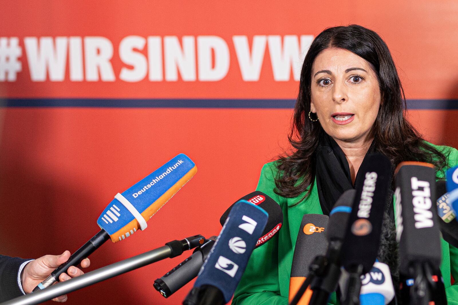 Daniela Cavallo, Chairwoman of the General and Group Works Council of Volkswagen AG, makes press statements before the start of the second collective bargaining negotiations between Volkswagen and IG Metall, in Wolfsburg, Germany, Wednesday, Oct. 30, 2024. (Moritz Frankenberg/dpa via AP)