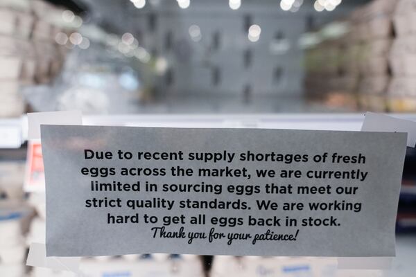 A sign notifying a supply shortage of fresh eggs is posted in the egg section at a QFC, Monday, Jan. 27, 2025, in Seattle. (AP Photo/Lindsey Wasson)