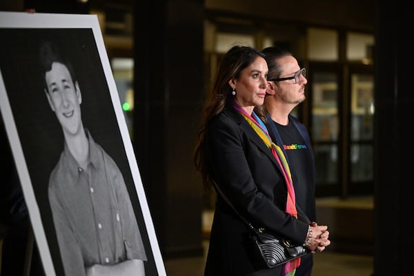 Gideon Bernstein and Jeanne Pepper Bernstein, parents of Blaze Bernstein, stand during a press conference after Samuel Woodward was sentenced to life without parole at Orange County Superior Court on Friday, Nov. 15, 2024, in Santa Ana, Calif., for the fatal stabbing of his former classmate, Blaze Bernstein, in Jan. 2018. (Jeff Gritchen/The Orange County Register via AP, Pool)