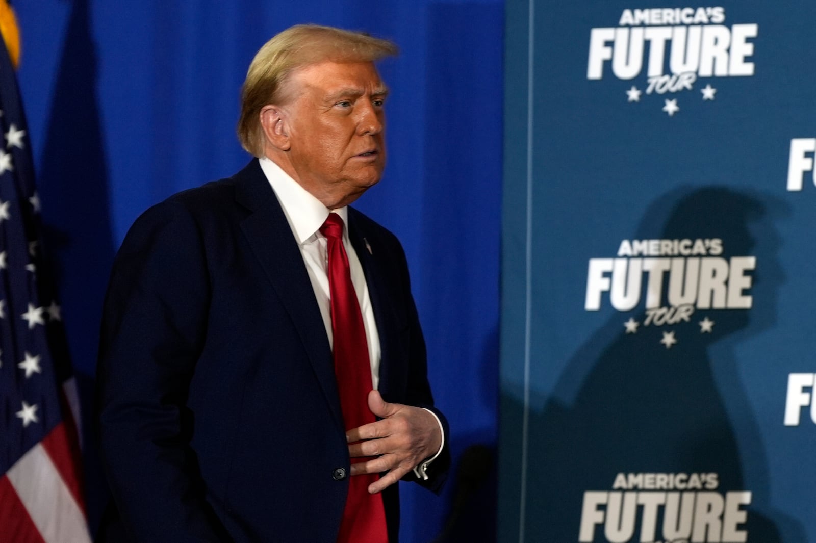 Republican presidential nominee former President Donald Trump arrives for a roundtable at the Drexelbrook Catering & Event Center, Tuesday, Oct. 29, 2024, in Drexel Hill, Pa. (AP Photo/Julia Demaree Nikhinson)