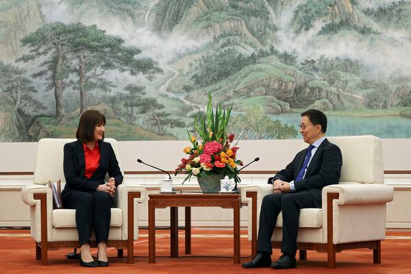 Britain's Chancellor of the Exchequer Rachel Reeves and Chinese Vice President Han Zheng attend a meeting at the Great Hall of the People in Beijing, Saturday, Jan. 11, 2025. (Florence Lo/Pool Photo via AP)