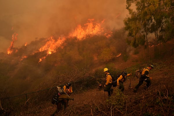 FILE - Fire Crews battle the Palisades Fire in Mandeville Canyon, Jan. 11, 2025, in Los Angeles. (AP Photo/Jae C. Hong, File)