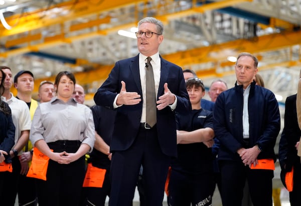 Britain's Prime Minister Keir Starmer visits Airbus in Broughton, North Wales, Friday Nov. 15, 2024. (Danny Lawson/Pool via AP)