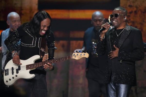 Verdine White, left, and Philip Bailey of Earth, Wind & Fire perform during the FireAid benefit concert on Thursday, Jan. 30, 2025, at Intuit Dome in Inglewood, Calif. (Photo by Jordan Strauss/Invision/AP)