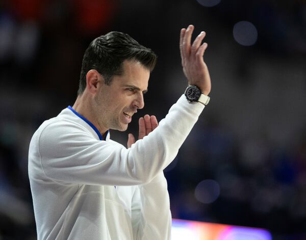 Florida head coach Todd Golden reacts during the first half of an NCAA college basketball game against Georgia Saturday, Jan. 25, 2025, in Gainesville, Fla. (AP Photo/Alan Youngblood)