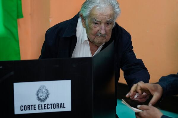 Uruguay's former President Jose "Pepe" Mujica votes in the presidential run-off election in Montevideo, Uruguay, Sunday, Nov. 24, 2024.(AP Photo/Natacha Pisarenko)