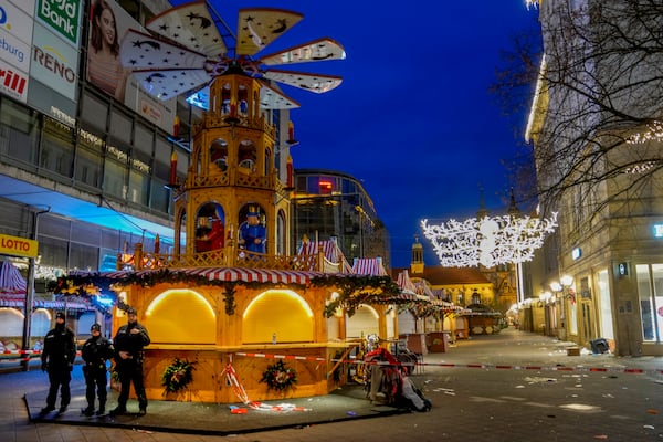 The Christmas market, where a car drove into a crowd on Friday evening, in Magdeburg, Germany, is empty on Saturday evening , Dec. 21, 2024. (AP Photo/Michael Probst)