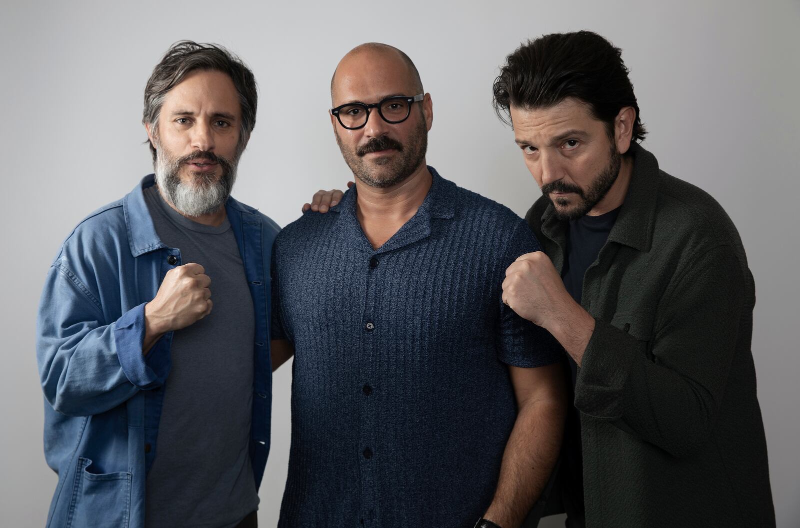 Gael Garcia Bernal, Marco Ramirez and Diego Luna pose for a portrait to promote the film "La Maquina" on Thursday, Oct. 3, 2024, in West Hollywood, Calif. (Photo by Rebecca Cabage/Invision/AP)