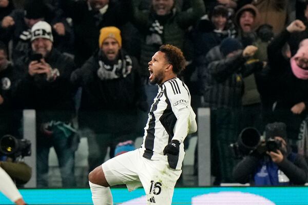 Juventus' Weston McKennie celebrates his side's second goal during the Champions League, opening phase soccer match between Juventus and Manchester City at the Allianz stadium in Turin, Italy, Tuesday, Wednesday, Dec.11, 2024. (AP Photo/Luca Bruno)