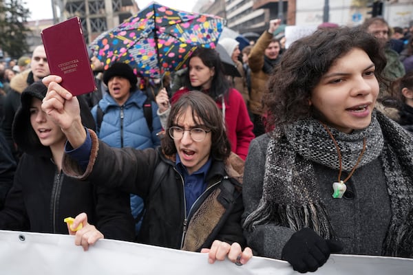 University students joined calls for a general strike after more than two months of protests over the collapse of a concrete canopy that killed 15 people more than two months ago, in Belgrade, Serbia, Friday, Jan. 24, 2025. (AP Photo/Darko Vojinovic)