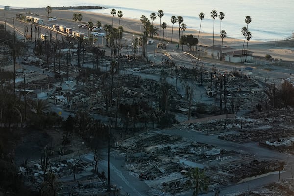 The Pacific Palisades Bowl Mobile Estates destroyed by the Palisades Fire is seen in the Pacific Palisades neighborhood of Los Angeles, Thursday, Jan. 16, 2025. (AP Photo/Damian Dovarganes)