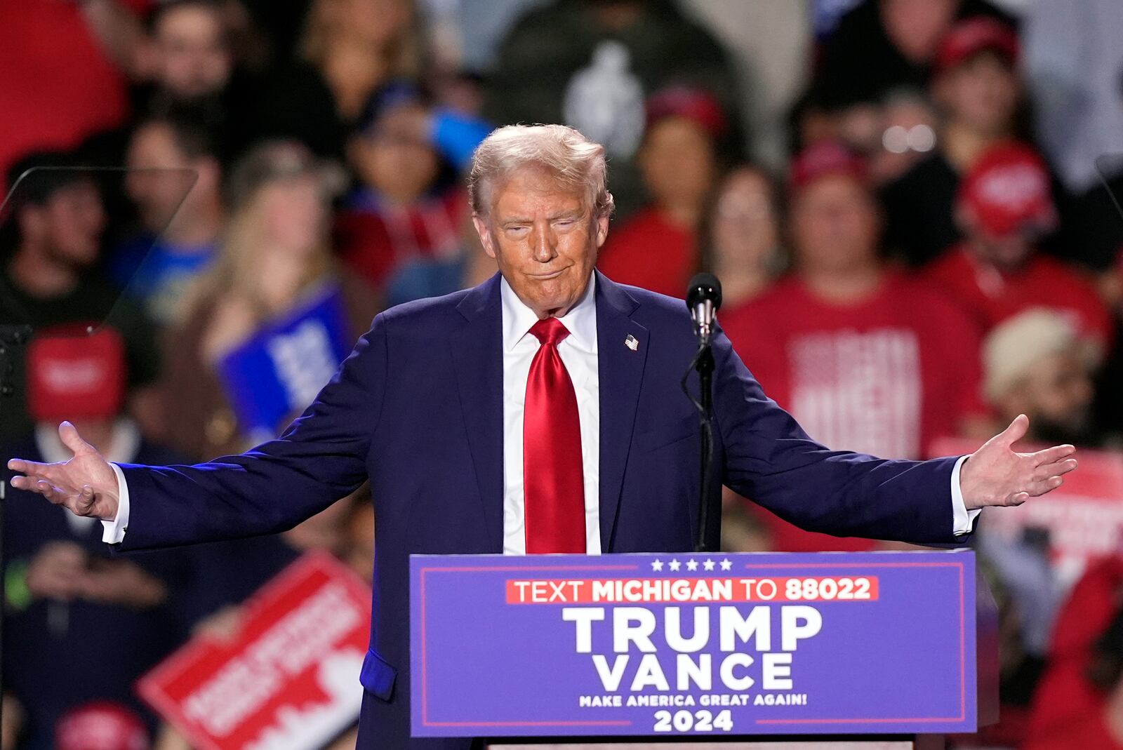 Republican presidential nominee former President Donald Trump speaks during a campaign event, Friday, Oct. 18, 2024 in Detroit. (AP Photo/Carlos Osorio)