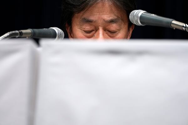 Koichi Minato, President and CEO of Fuji Television Network, answers questions during a press conference at Fuji Television headquarter in Tokyo, Monday, Jan. 27, 2025. (AP Photo/Eugene Hoshiko)