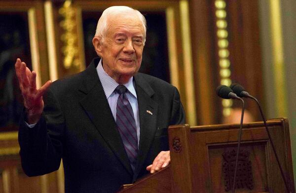 FILE - Former President Jimmy Carter speaks on the eradication of the Guinea worm, Feb. 3, 2016, at the House of Lords in London. (Neil Hall/Pool Photo via AP, File)