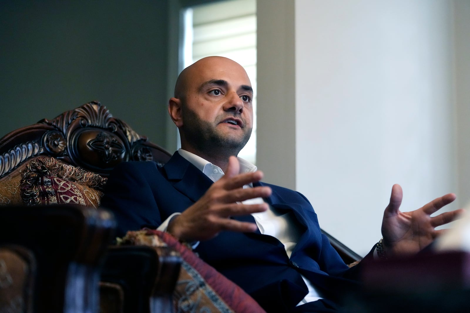 Assad Turfe, a Lebanese American and the deputy executive of Wayne County, is interviewed, Oct. 23, 2024 in Dearborn, Mich. Turfe is among the few Arab American leaders in Michigan to have endorsed presidential candidate Kamala Harris. (AP Photo/Carlos Osorio)