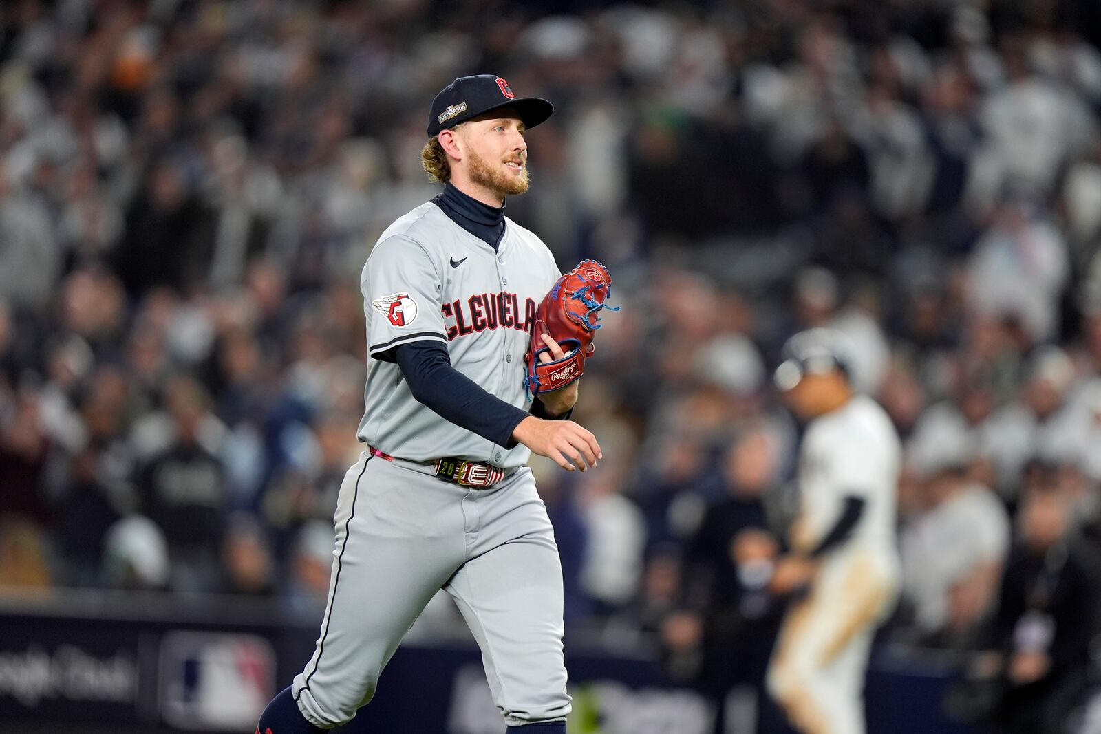 Cleveland Guardians starting pitcher Tanner Bibee leaves the game during the second inning in Game 2 of the baseball AL Championship Series against the New York Yankees Tuesday, Oct. 15, 2024, in New York. (AP Photo/Frank Franklin II)