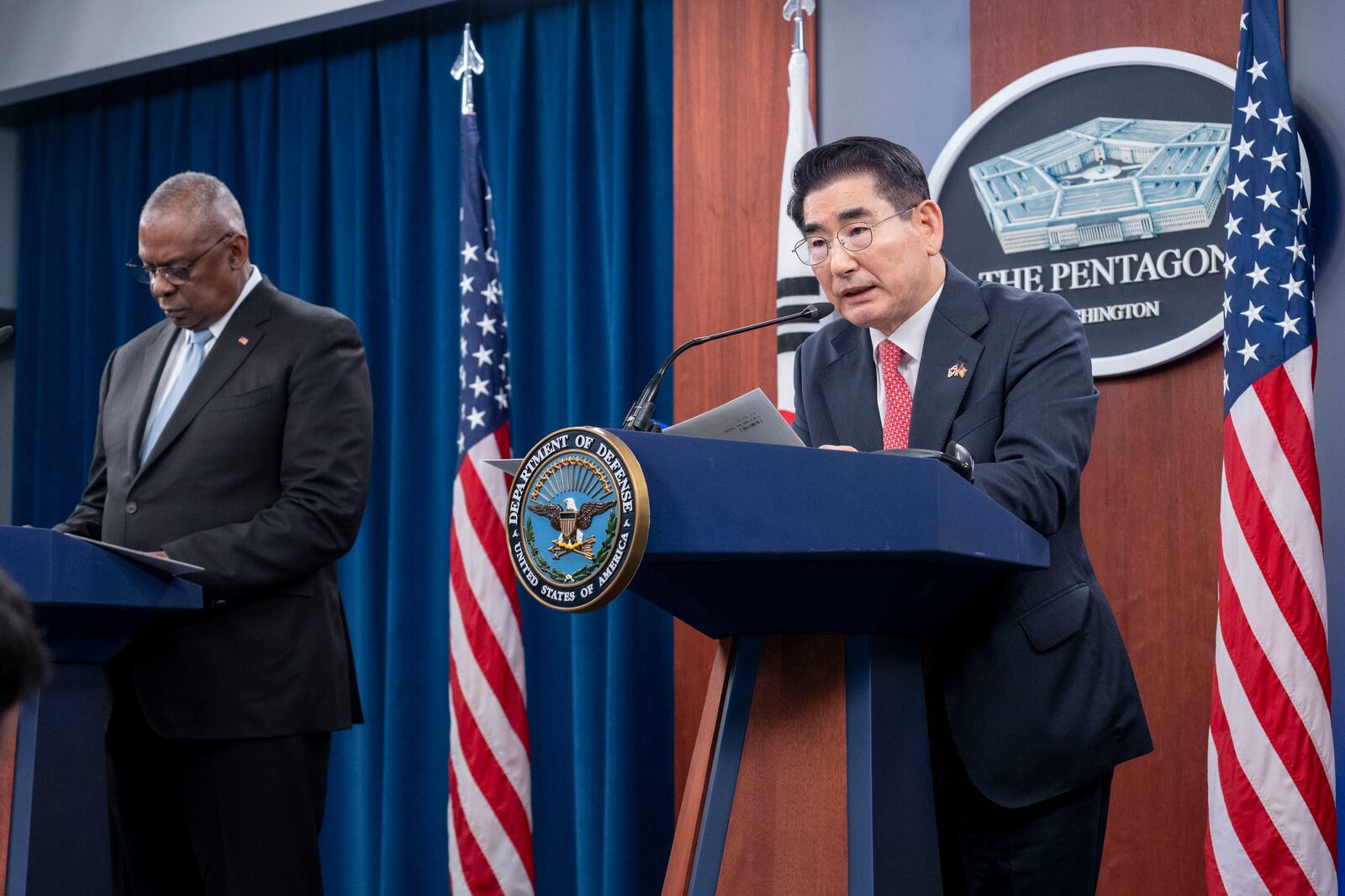 South Korean Defense Minister Kim Yong Hyun, right, speaks during a joint press briefing with Defense Secretary Lloyd Austin, left, at the Pentagon on Wednesday, Oct. 30, 2024 in Washington. (AP Photo/Kevin Wolf)