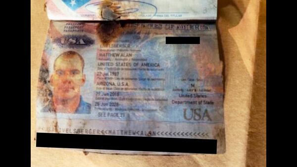 This undated photo, provided by the Las Vegas Police Department shows a passport belonging to Matthew Livelsberger, found inside a Tesla Cybertruck involved in an explosion outside the Trump Hotel in Las Vegas. (Las Vegas Police Department via AP)