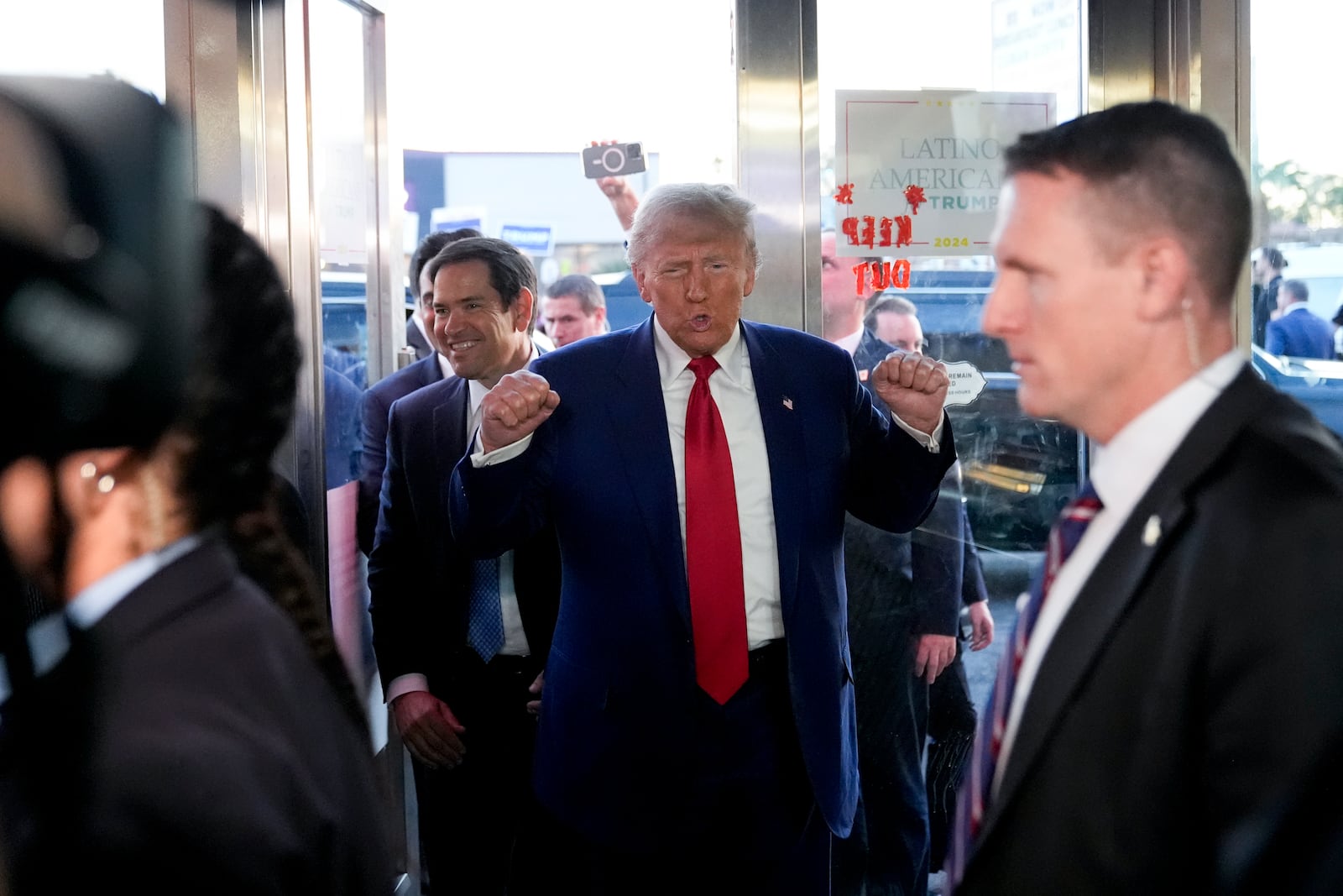 FILE - Republican presidential nominee former President Donald Trump, accompanied by Sen. Marco Rubio, R-Fla., arrives at the Havana Express Cuban Kitchen and Bakery on a campaign stop in Las Vegas, Oct. 24, 2024. (AP Photo/Alex Brandon, File)