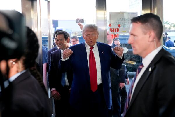 FILE - Republican presidential nominee former President Donald Trump, accompanied by Sen. Marco Rubio, R-Fla., arrives at the Havana Express Cuban Kitchen and Bakery on a campaign stop in Las Vegas, Oct. 24, 2024. (AP Photo/Alex Brandon, File)