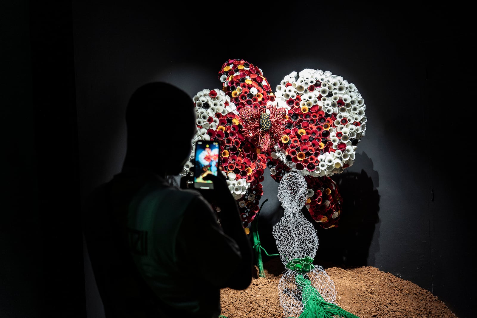 A visitor explores the international exhibit at the Dakar Biennale of Contemporary African Art in Dakar, Senegal, Friday, Nov. 8, 2024. (AP Photo/Annika Hammerschlag)