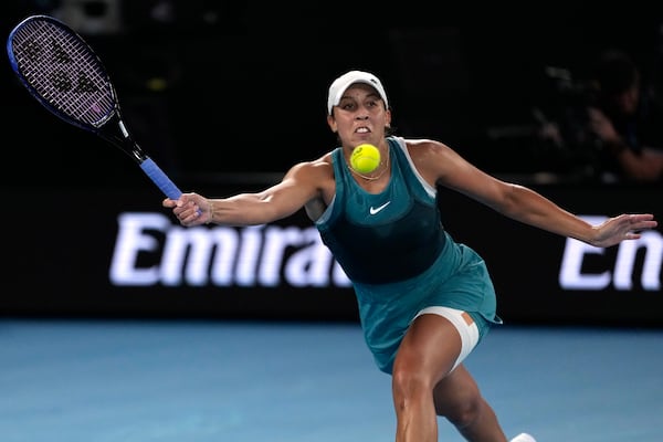 Madison Keys of the U.S. plays a forehand return to Aryna Sabalenka of Belarus during the women's singles final at the Australian Open tennis championship in Melbourne, Australia, Saturday, Jan. 25, 2025. (AP Photo/Ng Han Guan)