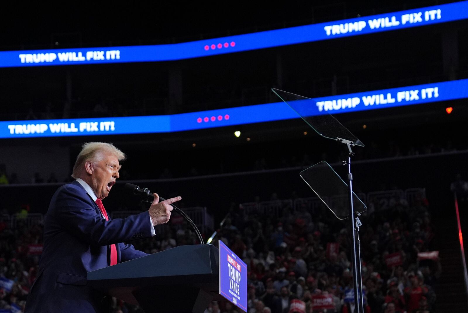 Republican presidential nominee former President Donald Trump speaks at a campaign rally at PPG Paints Arena, Monday, Nov. 4, 2024, in Pittsburgh, Pa. (AP Photo/Evan Vucci)