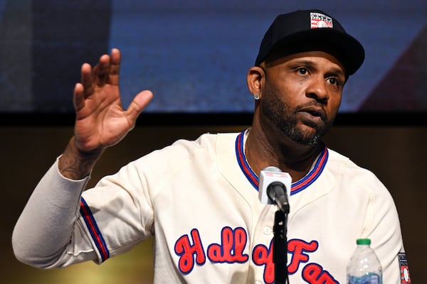 Newly-elected Baseball Hall of Fame inductee CC Sabathia talks to reporters during a news conference Thursday, Jan. 23, 2025, in Cooperstown, N.Y. (AP Photo/Hans Pennink)