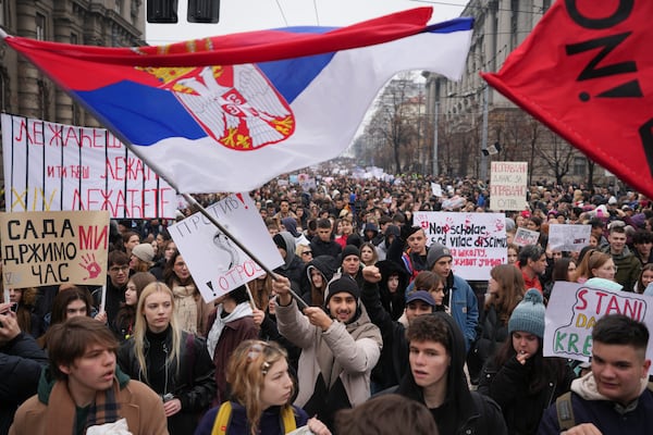 University students joined calls for a general strike after more than two months of protests over the collapse of a concrete canopy that killed 15 people more than two months ago, in Belgrade, Serbia, Friday, Jan. 24, 2025. (AP Photo/Darko Vojinovic)