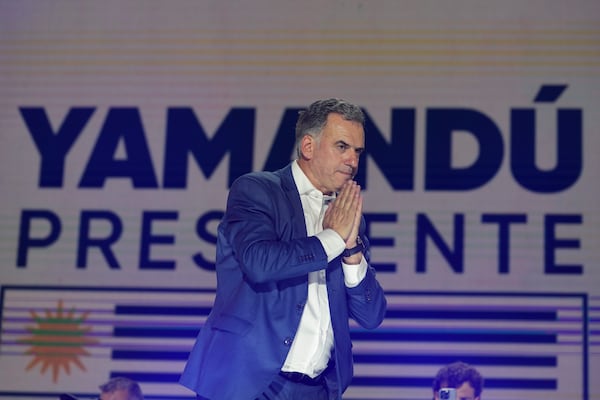 Yamandu Orsi, candidate for the Broad Front (Frente Amplio), addresses supporters after winning the presidential run-off election in Montevideo, Uruguay, Sunday, Nov. 24, 2024. (AP Photo/Natacha Pisarenko)