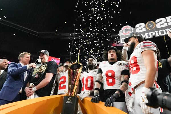 Ohio State celebrates after their win against Notre Dame in the College Football Playoff national championship game Monday, Jan. 20, 2025, in Atlanta. (AP Photo/Brynn Anderson)