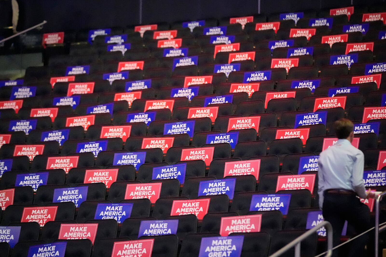 Signs are placed in seats before Republican presidential nominee former President Donald Trump speaks at a campaign rally at Madison Square Garden, Sunday, Oct. 27, 2024, in New York. (AP Photo/Alex Brandon)