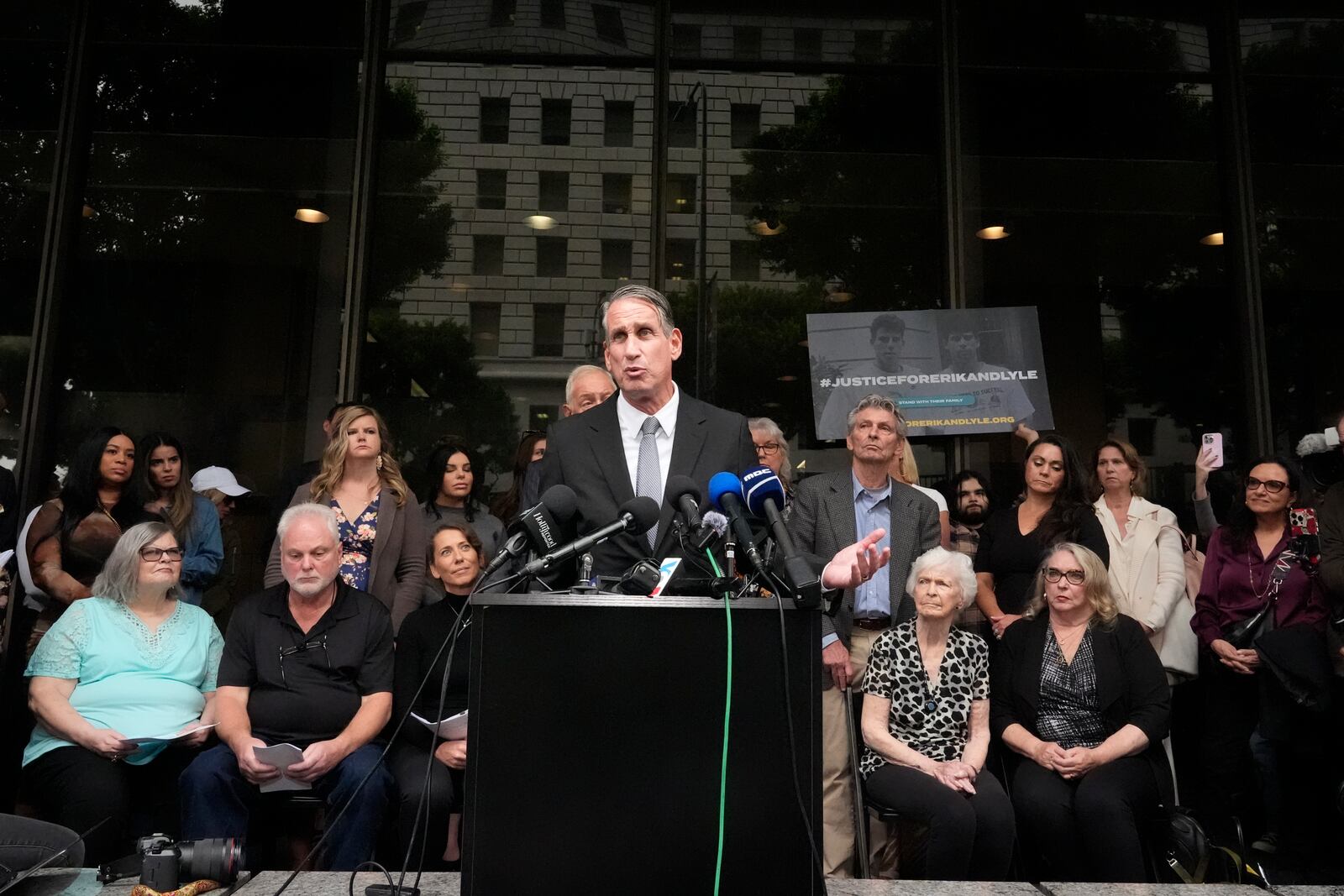 Attorney Brian Freedman speaks during a press conference to announce developments on the case of brothers Erik and Lyle Menendez, Wednesday, Oct. 16, 2024, in Los Angeles. (AP Photo/Damian Dovarganes)