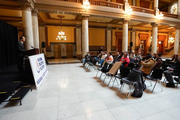 David Frank speaks during a gathering of the Indiana Abolition Coalition at the Statehouse, Thursday, Dec. 12, 2024, in Indianapolis. (AP Photo/Darron Cummings)