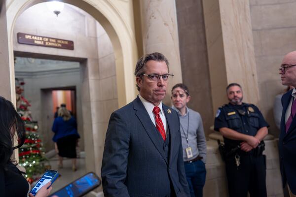 Rep. Andy Ogles, R-Tenn., arrives for a meeting with Speaker of the House Mike Johnson, R-La., at the Capitol in Washington, Friday, Dec. 20, 2024. (AP Photo/J. Scott Applewhite)