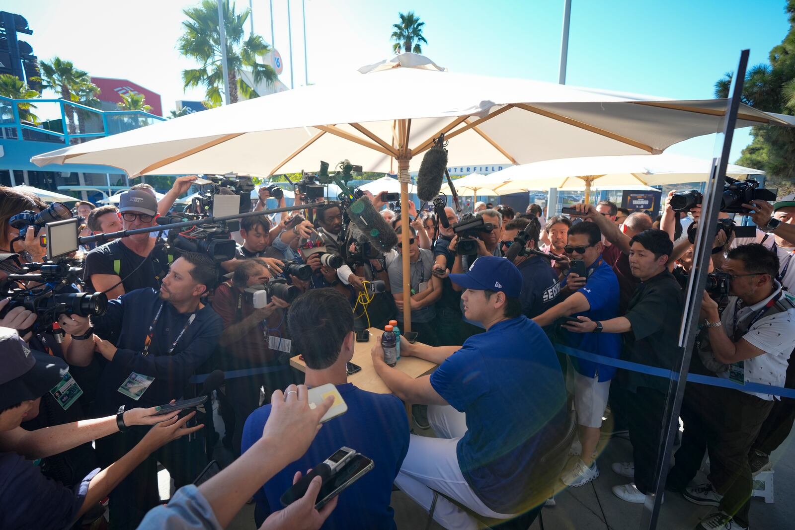 Los Angeles Dodgers' Shohei Ohtani speaks during media day for the baseball World Series against the New York Yankees, Thursday, Oct. 24, 2024, in Los Angeles. (AP Photo/Ashley Landis)