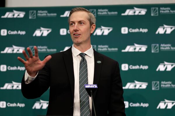 New York Jets introduce new general manager Darren Mougey speaks during a press conference at the NFL football team's training facility on Monday, Jan. 27, 2025, in Florham Park, N.J. (AP Photo/Adam Hunger)