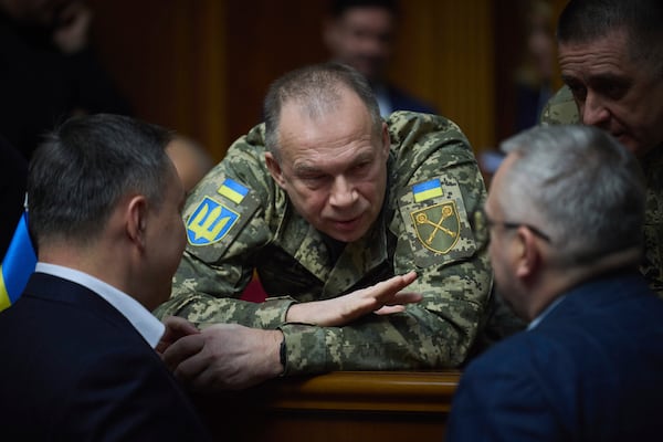 In this photo provided by the Press Service Of The President Of Ukraine on Nov. 19, 2024, Commander-in-Chief of the Armed Forces of Ukraine General Oleksandr Syrskyi speaks to parliamentarians at Verkhovna Rada in Kyiv, Ukraine. (Press Service Of The President Of Ukraine via AP)