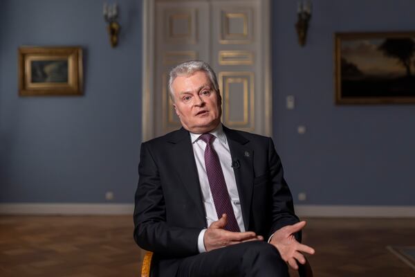 Lithuanian President Gitanas Nauseda speaks during an interview with The Associated Press at the President's palace in Vilnius, Lithuania, Thursday, Jan. 30, 2025. (AP Photo/Mindaugas Kulbis)