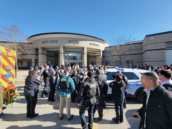 This photo provided by Metro Nashville Police, emergency personnel gather outside Antioch High School after a shooting incident on Wednesday, Jan. 22, 2025 in Nashville, Tenn. (Metro Nashville Police via AP)