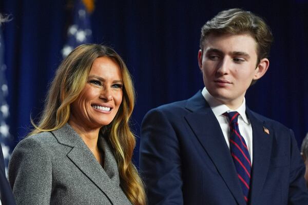 FILE - Former first lady Melania Trump and Barron Trump listen at an election night watch party at the Palm Beach Convention Center, Nov. 6, 2024, in West Palm Beach, Fla. (AP Photo/Evan Vucci, File)