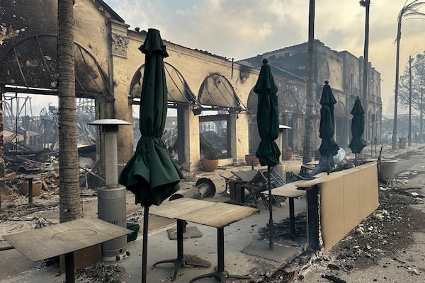 Fire ravaged businesses are seen after the Palisades Fire swept though in the Pacific Palisades neighborhood of Los Angeles, Wednesday, Jan. 8, 2025. (AP Photo/Eugene Carcia)